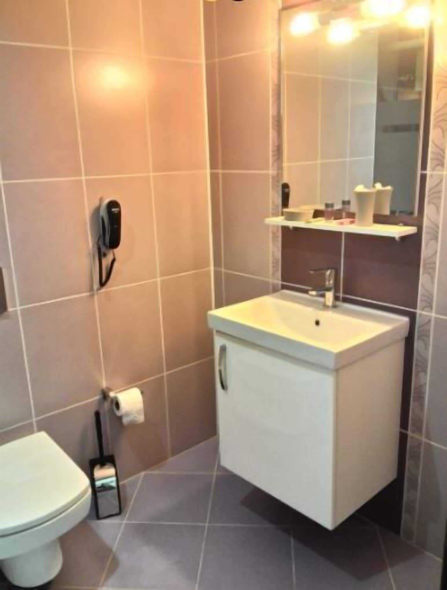 Un baño con inodoro, lavabo y espejo.
