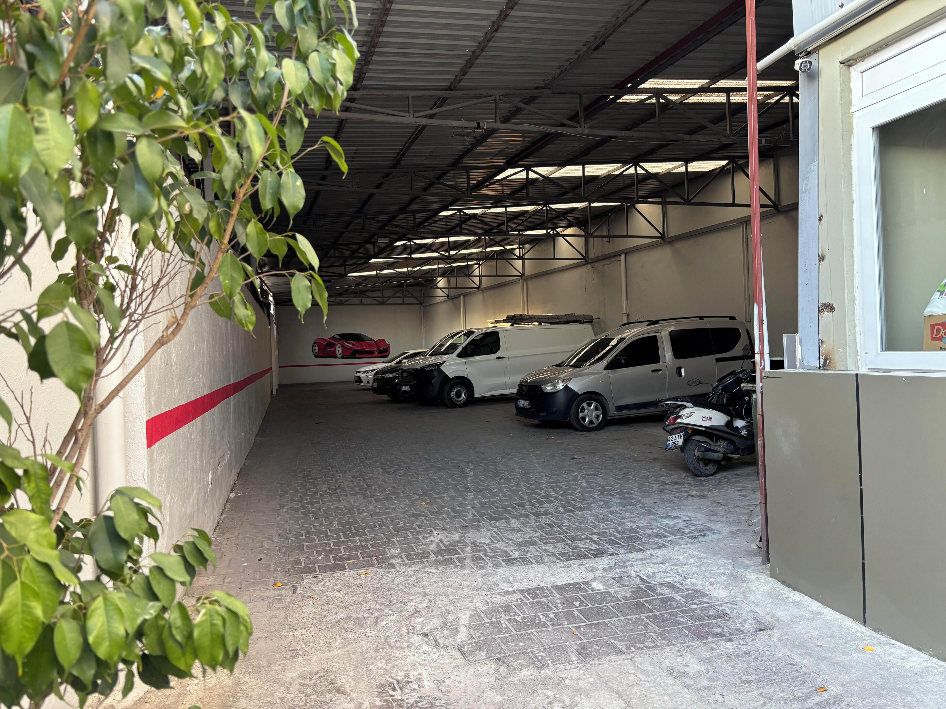 A covered parking area with three cars parked, a red sports car in the background, and a tree branch in the foreground.