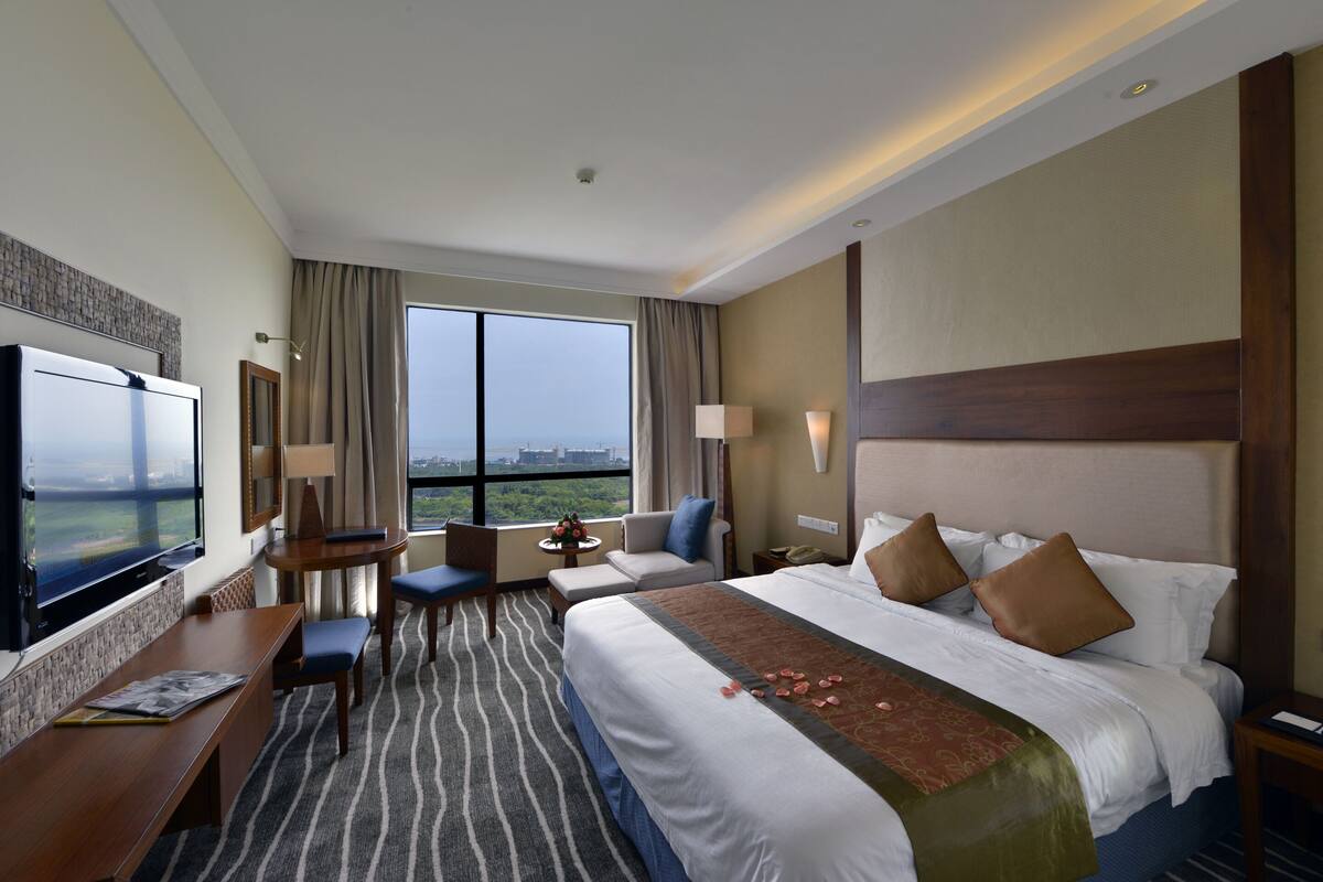 A hotel room with a large bed, a desk, a TV, and a view of the city.