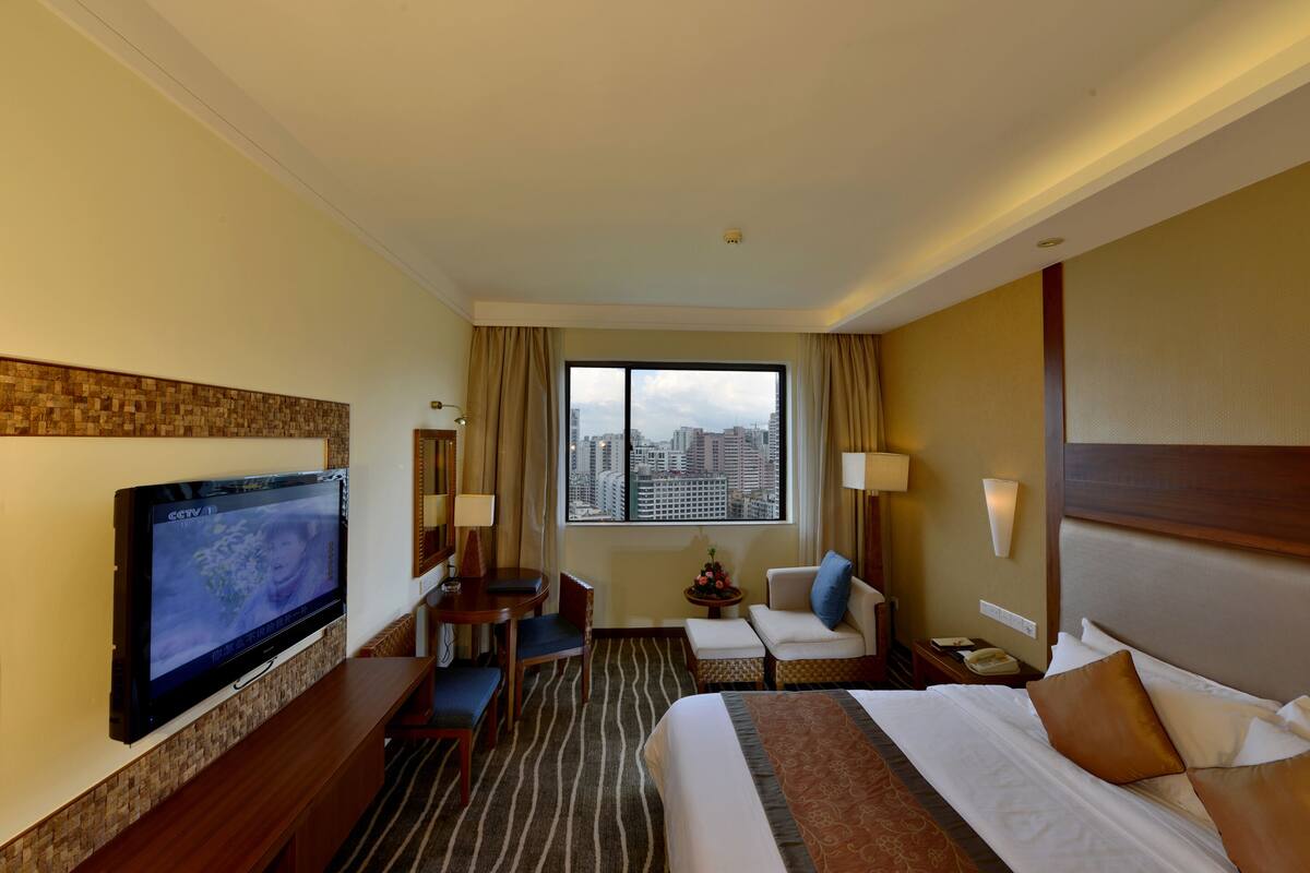 A hotel room with a bed, a TV, a desk, a chair, a sofa, a window with a city view, and a nightstand with a lamp.