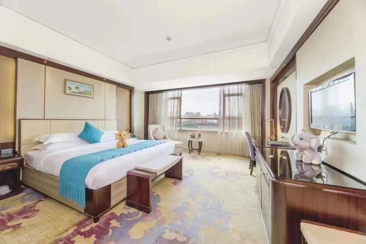 A hotel room with a bed, bedside table, chair, desk, and a large window.