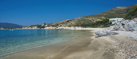 Una playa cerca, sillas reclinables de playa, sombrillas