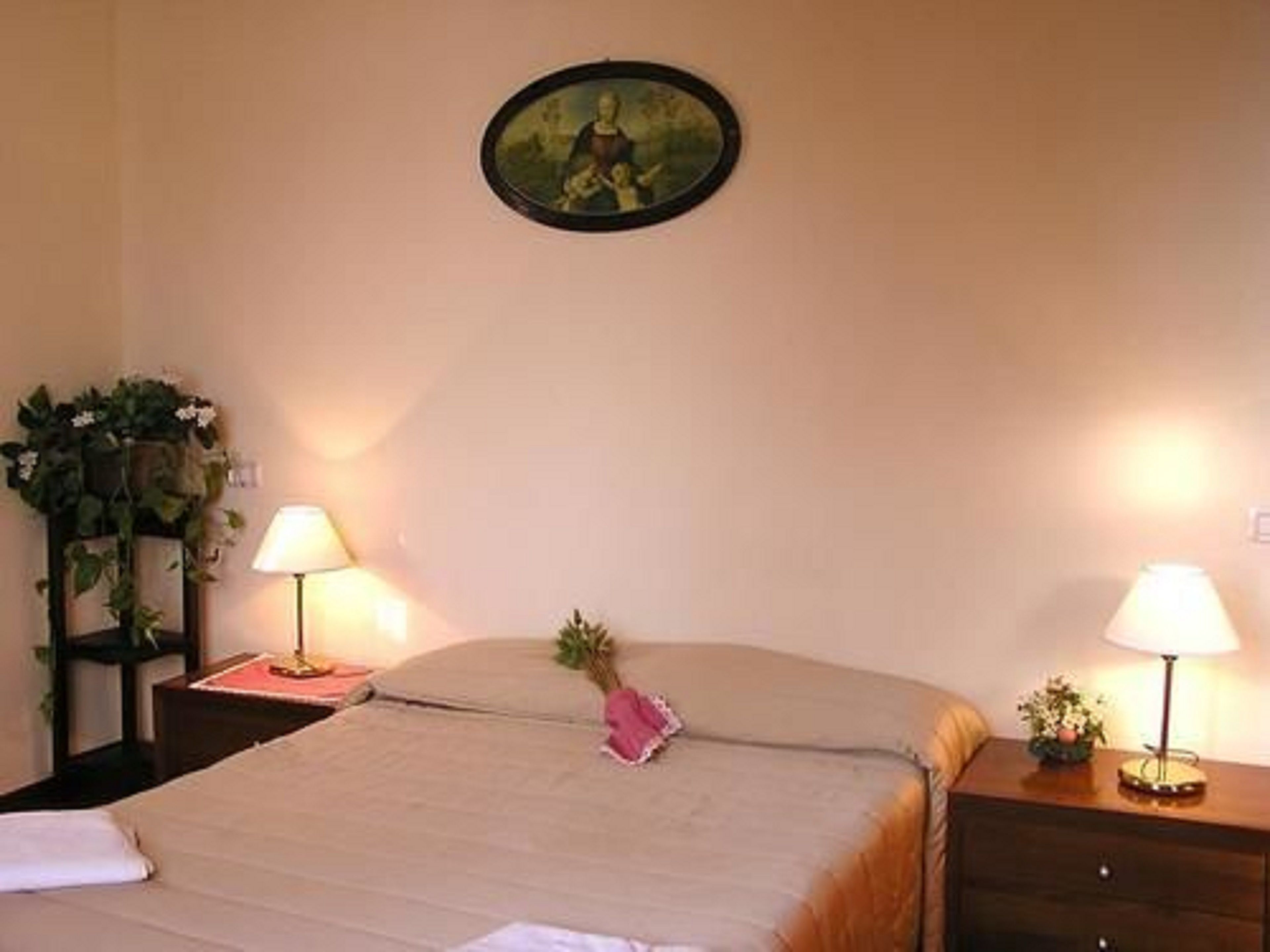 Una cama bien hecha con un almohadón rosa, dos mesitas de noche con lámparas, un cuadro en la pared y una planta pequeña en la mesita.