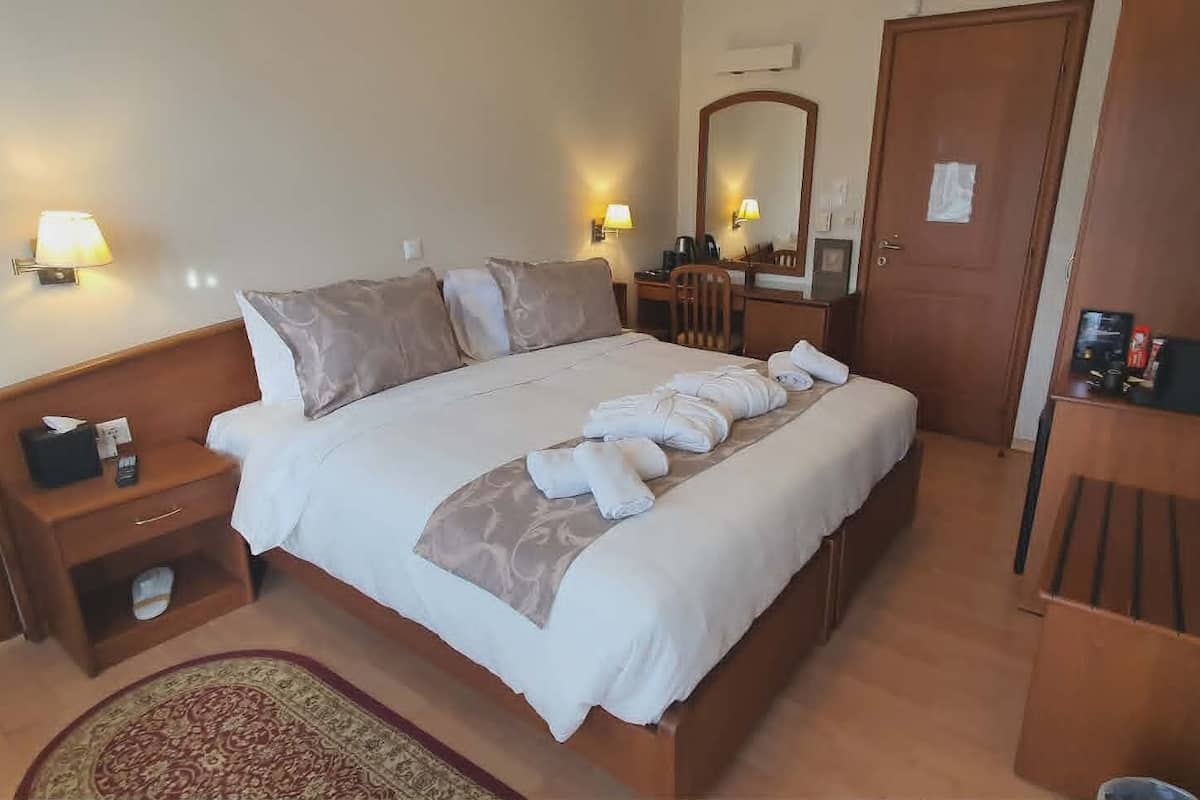 Habitación de hotel con cama, mesitas de noche, escritorio, silla, espejo y televisor.