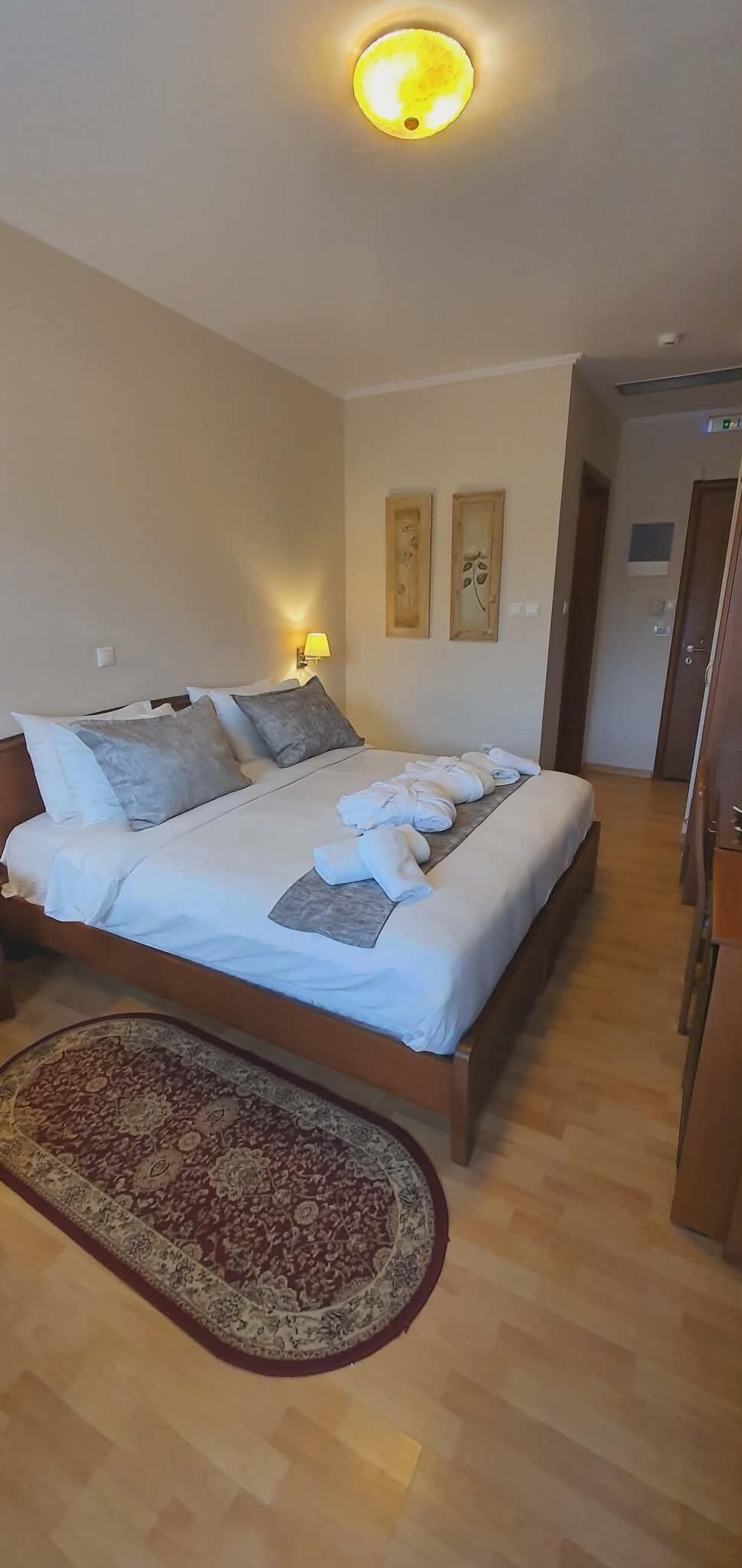 A bedroom with a bed, pillows, a bedside lamp, a rug, and a wall-mounted light fixture.