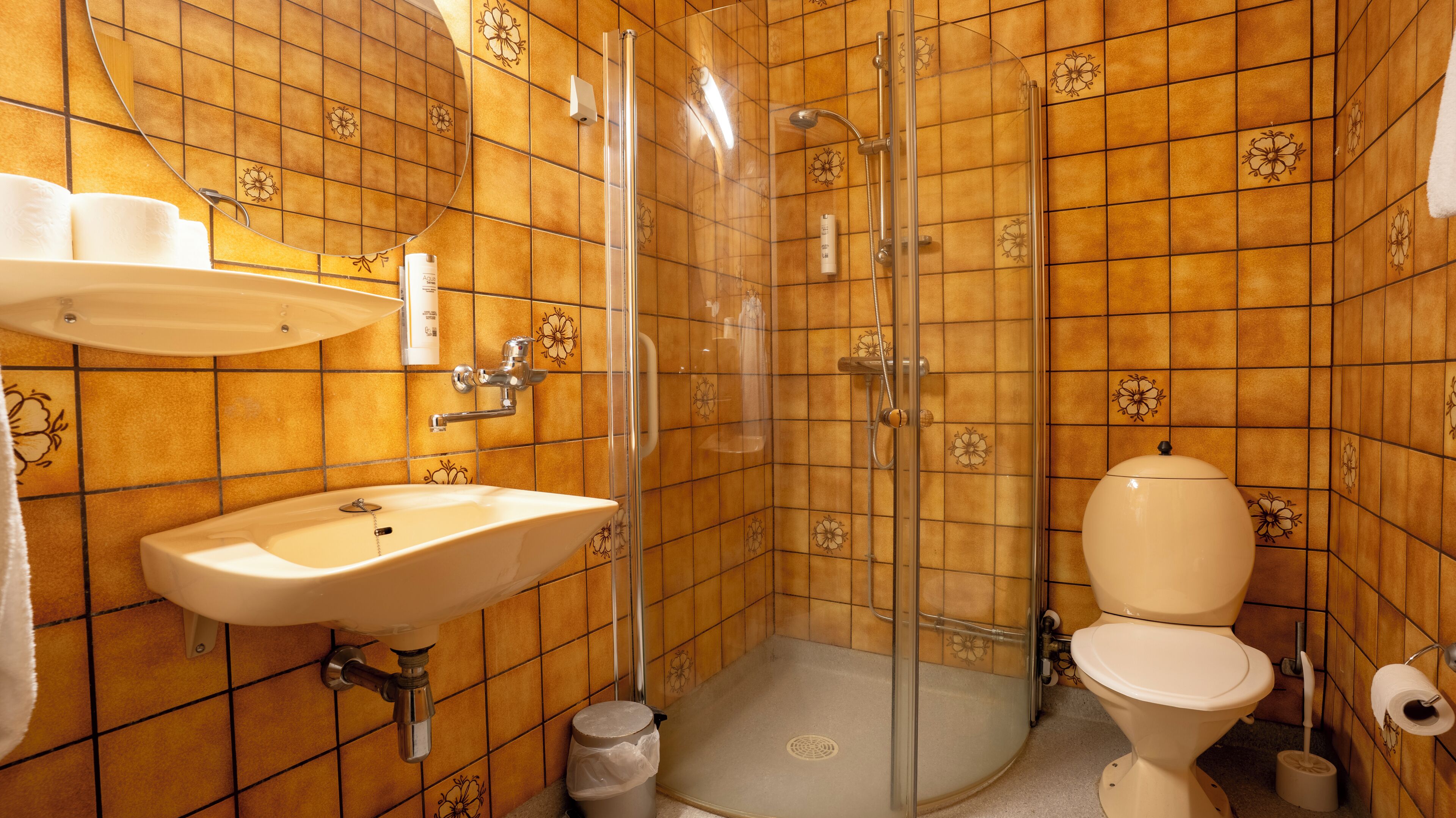 A bathroom with a sink, toilet, and glass-enclosed shower.