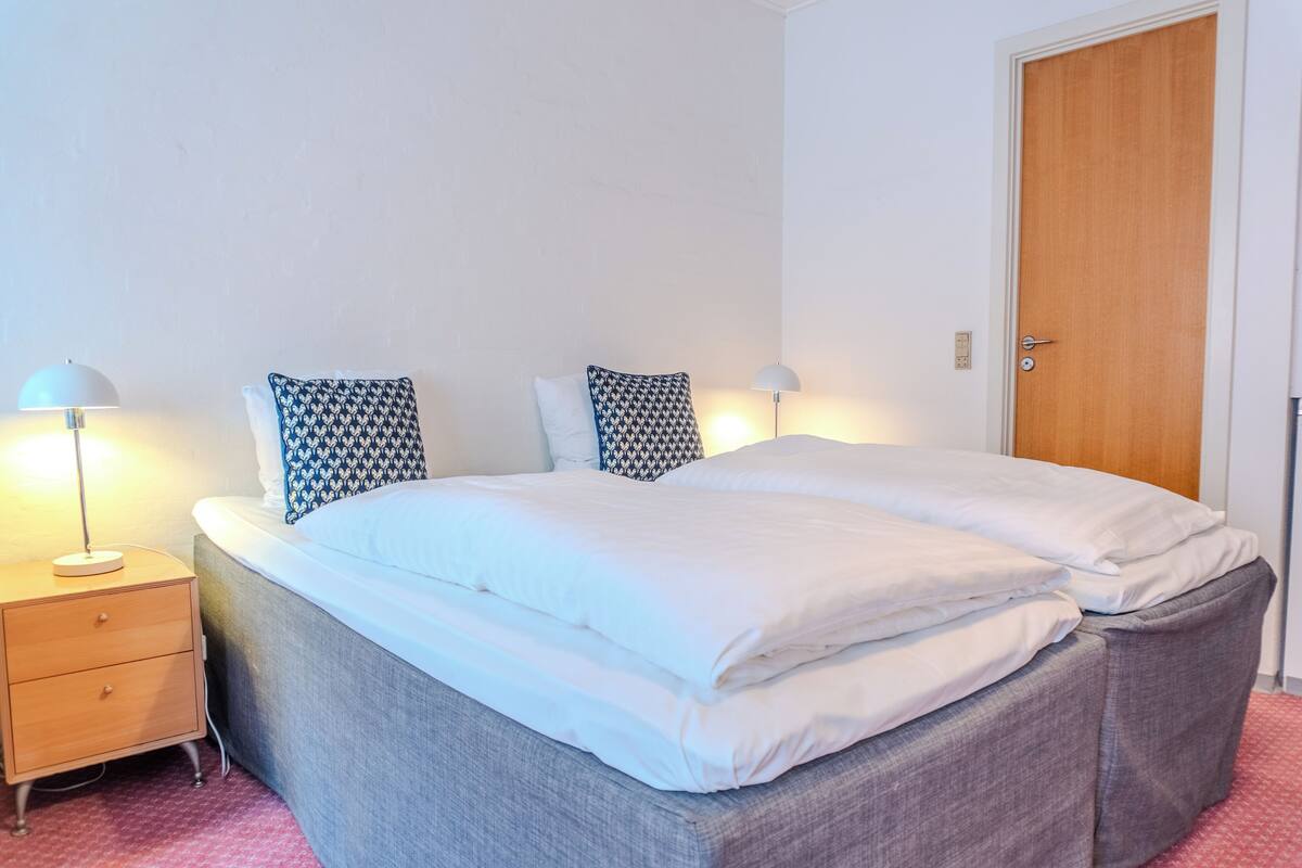 A neatly made bed with white linens, two patterned pillows, a bedside lamp, and a wooden door.