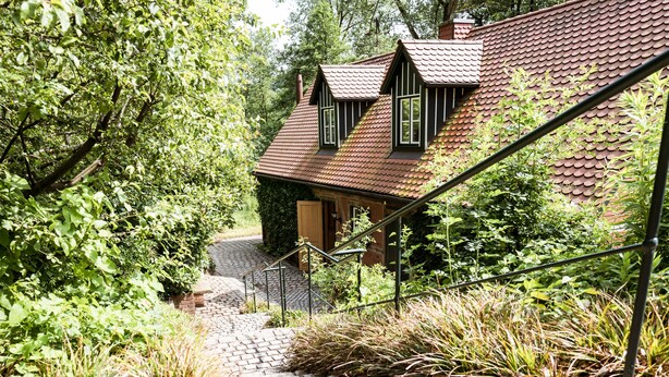 A house with a steep stone staircase leading to a wooden door, surrounded by lush greenery. - Romantisches Fachwerkhaus (Aumuehle)