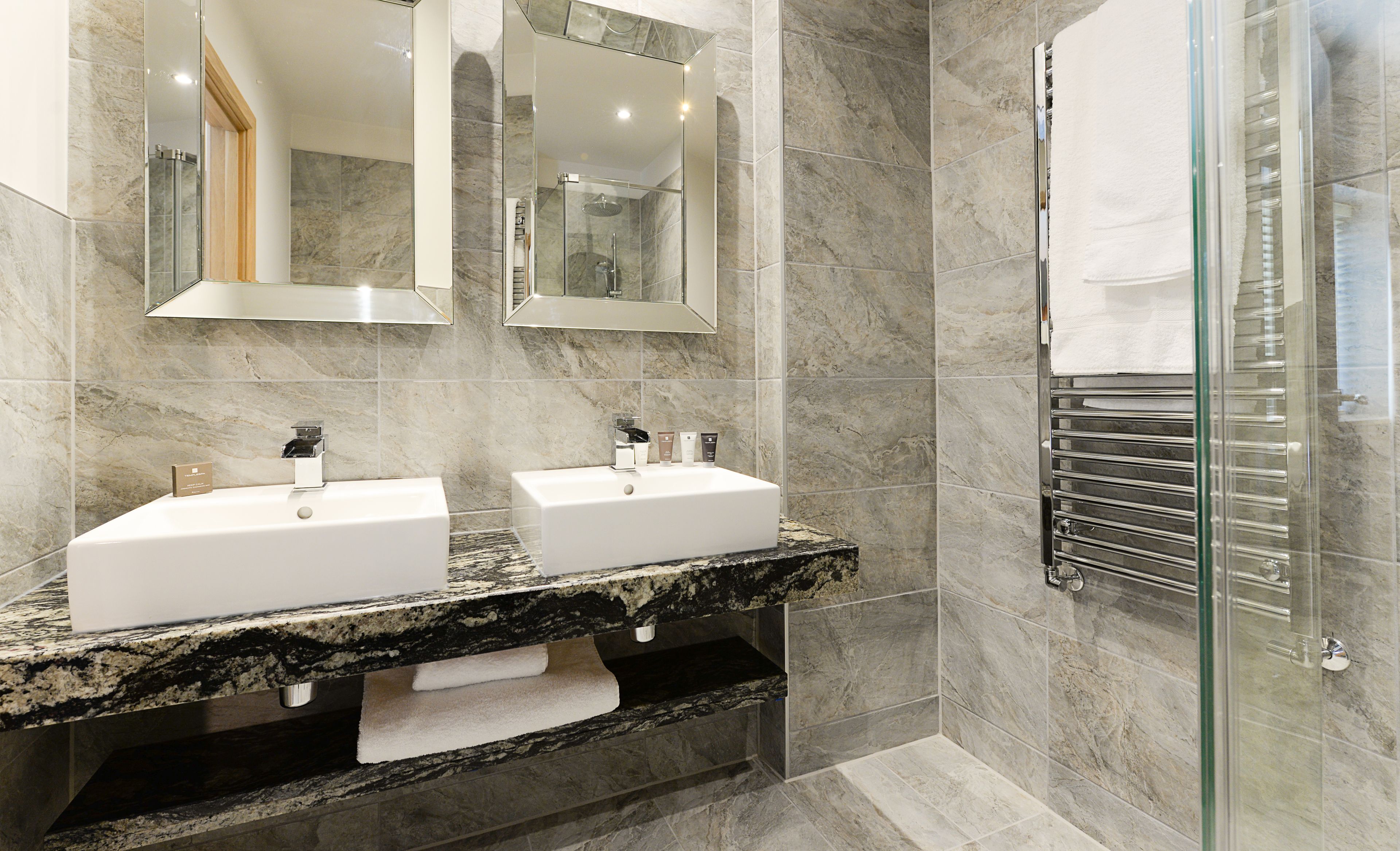 deluxe double room | bathroom | shower, designer toiletries, hair dryer, towels