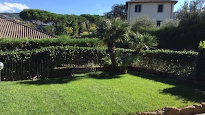 A well-maintained garden with a lawn, a palm tree, and a wooden fence. - VillaGiò B&B (Frascati)