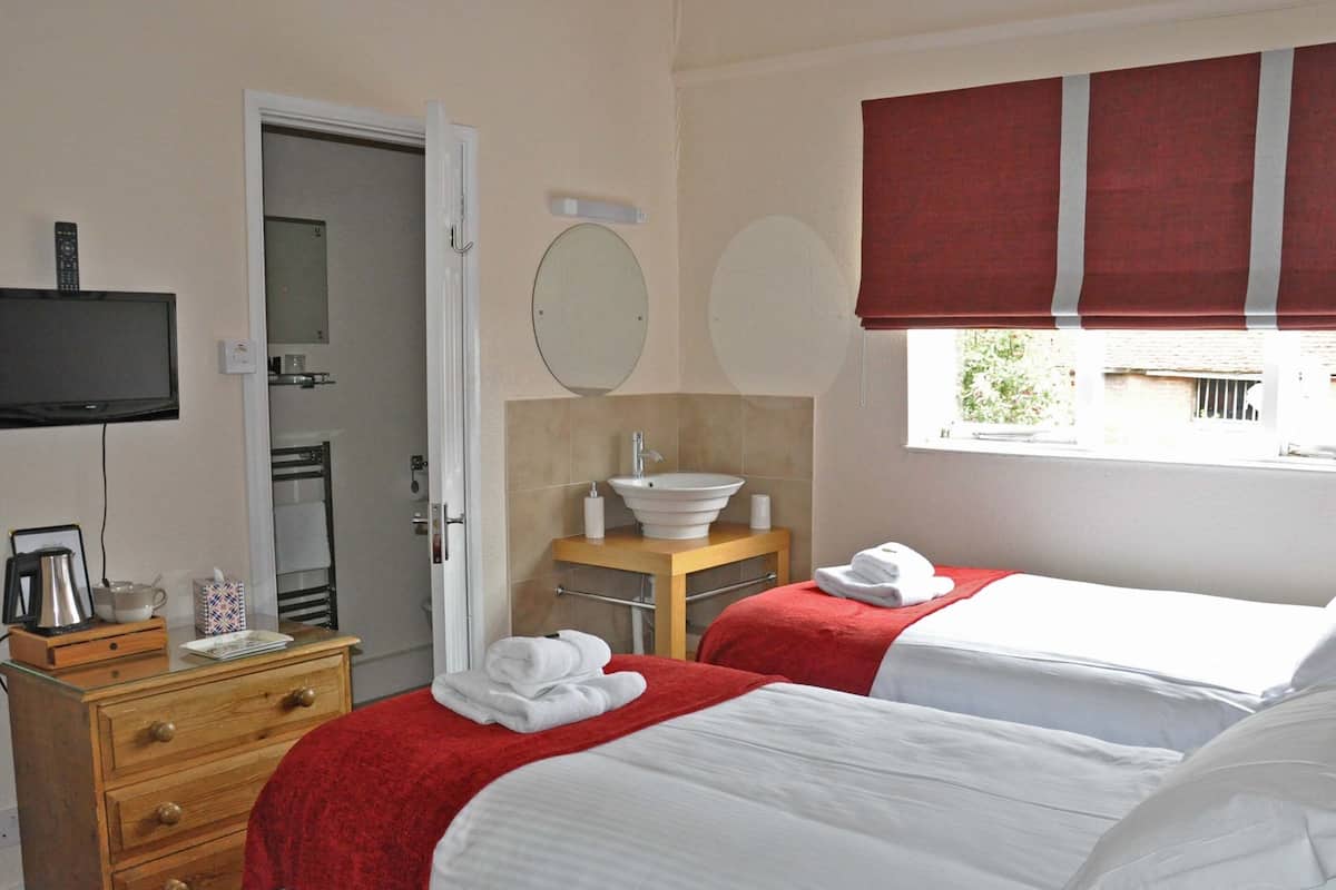 Habitación de hotel con dos camas, televisión, cómoda de madera, baño con lavamanos y espejo, y ventana con vistas.
