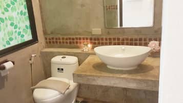 A bathroom with a toilet, a sink, and a mirror.