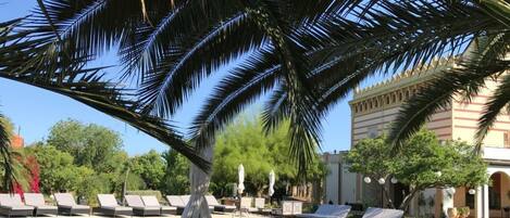 Outdoor pool, pool umbrellas, pool loungers