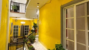 Un couloir intérieur aux couleurs vives, avec des murs jaunes, un escalier et des plantes en pot.