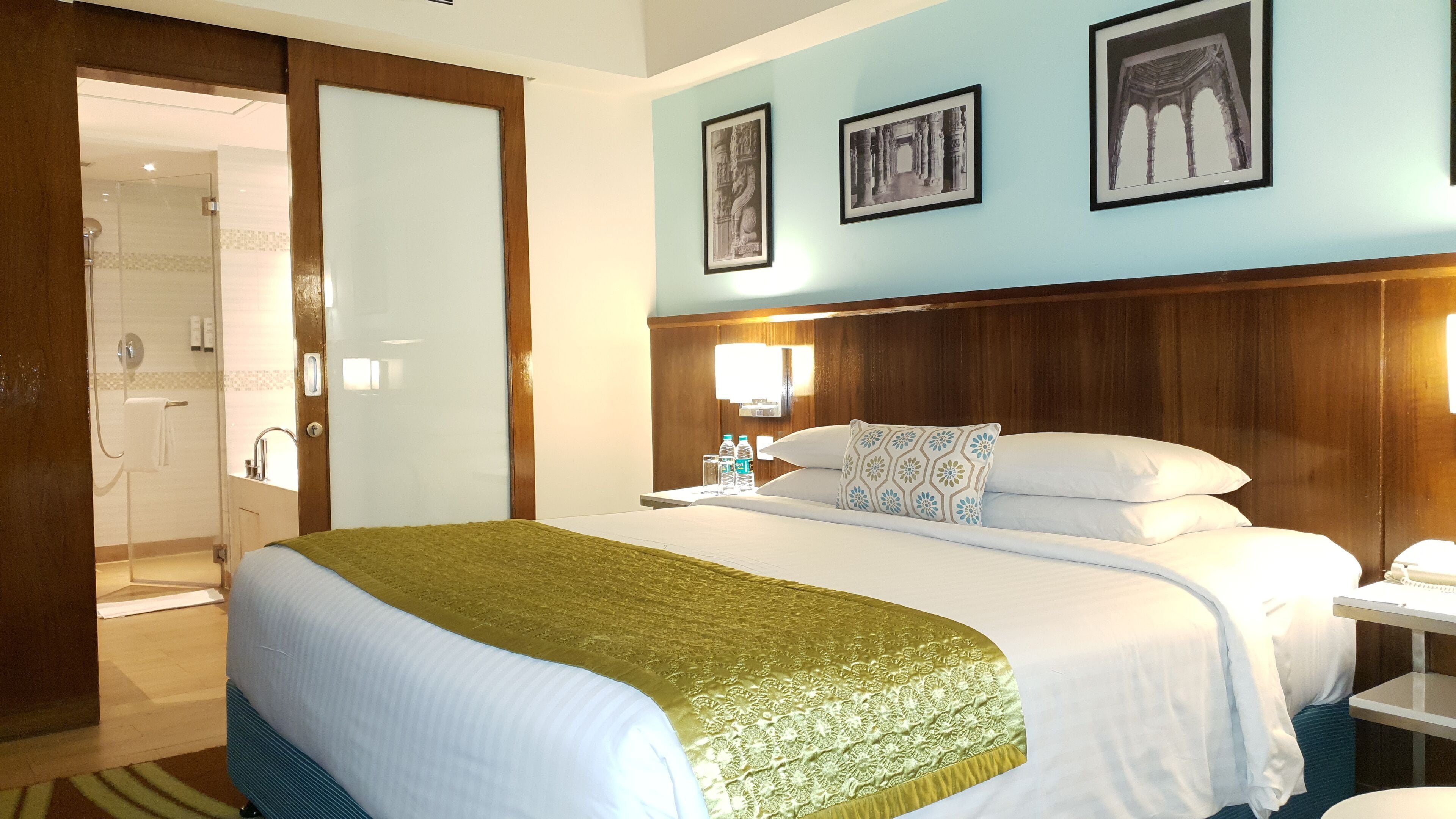 Habitación de hotel con una cama grande, una mesita de noche con lámpara, zona de ducha y cuadros enmarcados en la pared.
