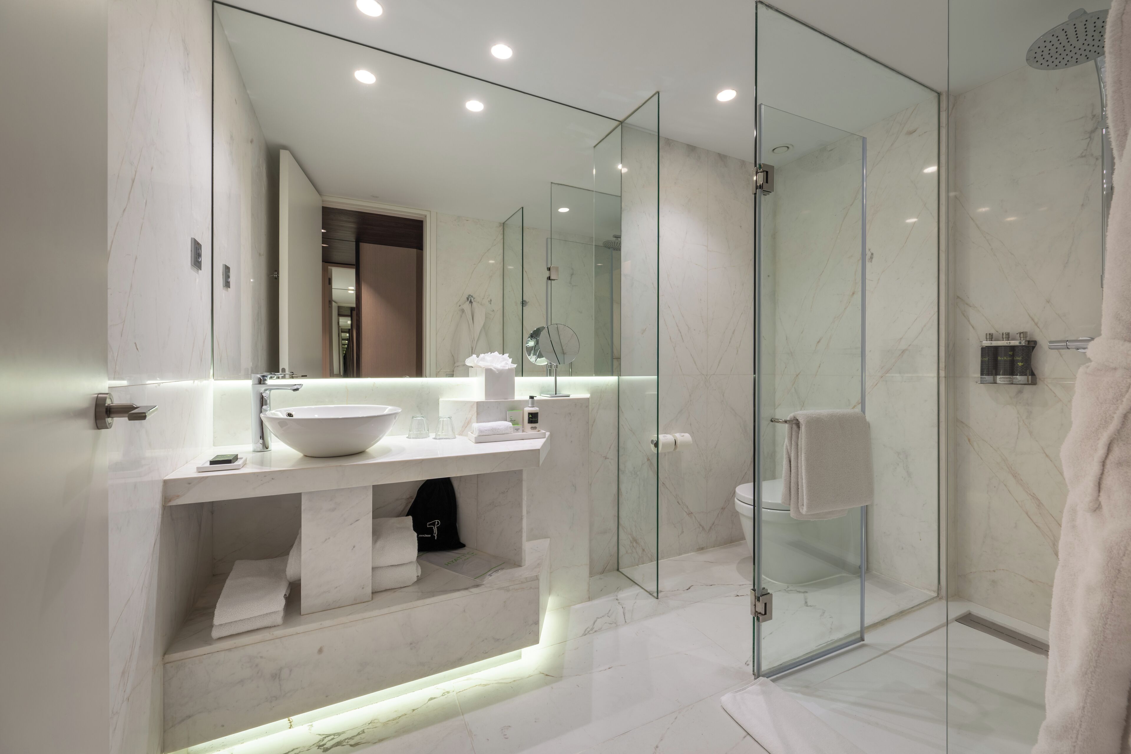 Un baño moderno con ducha de vidrio, un espejo grande y un lavamanos blanco.