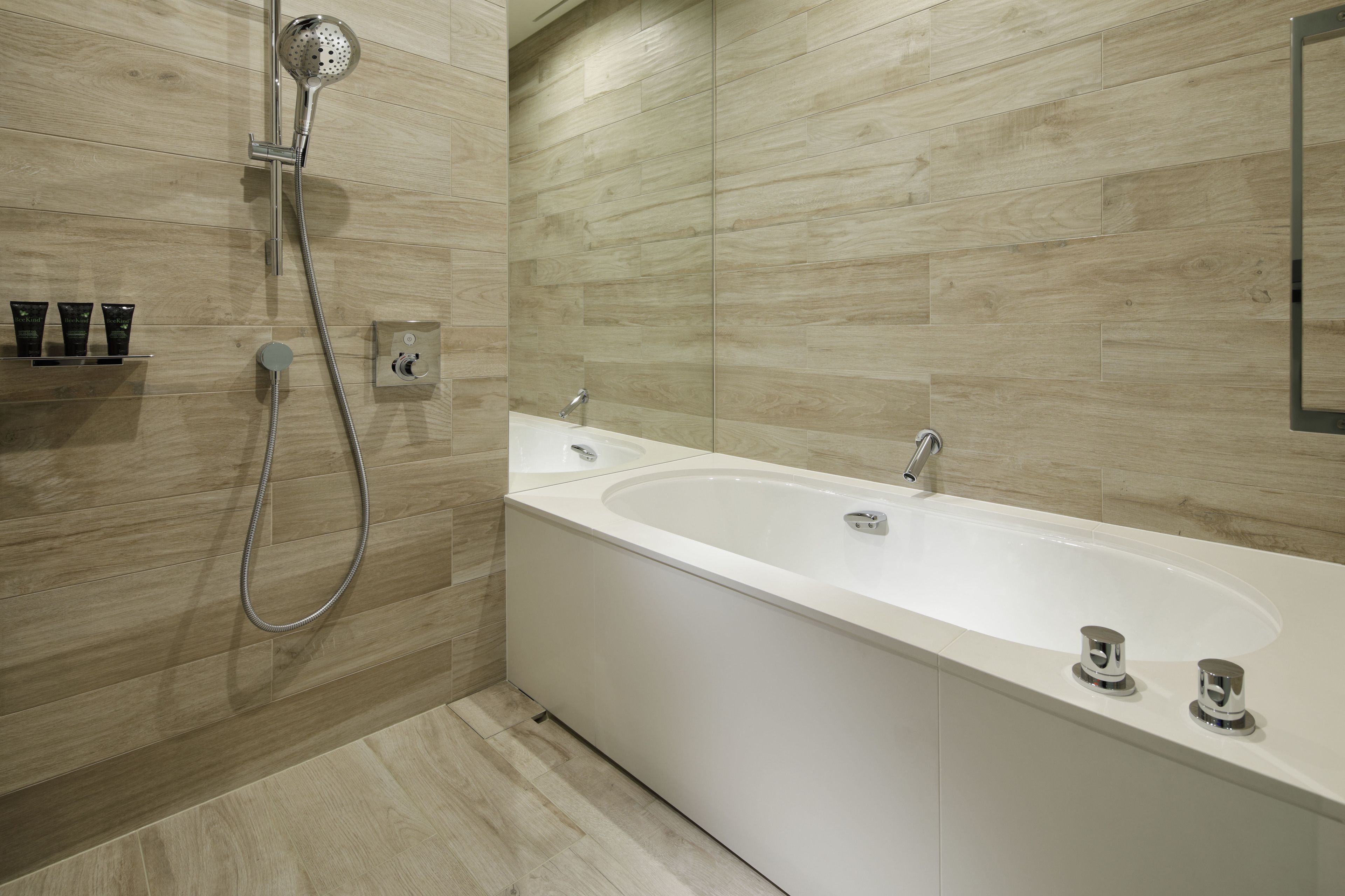 combined shower/bathtub, deep-soaking bathtub, eco-friendly toiletries