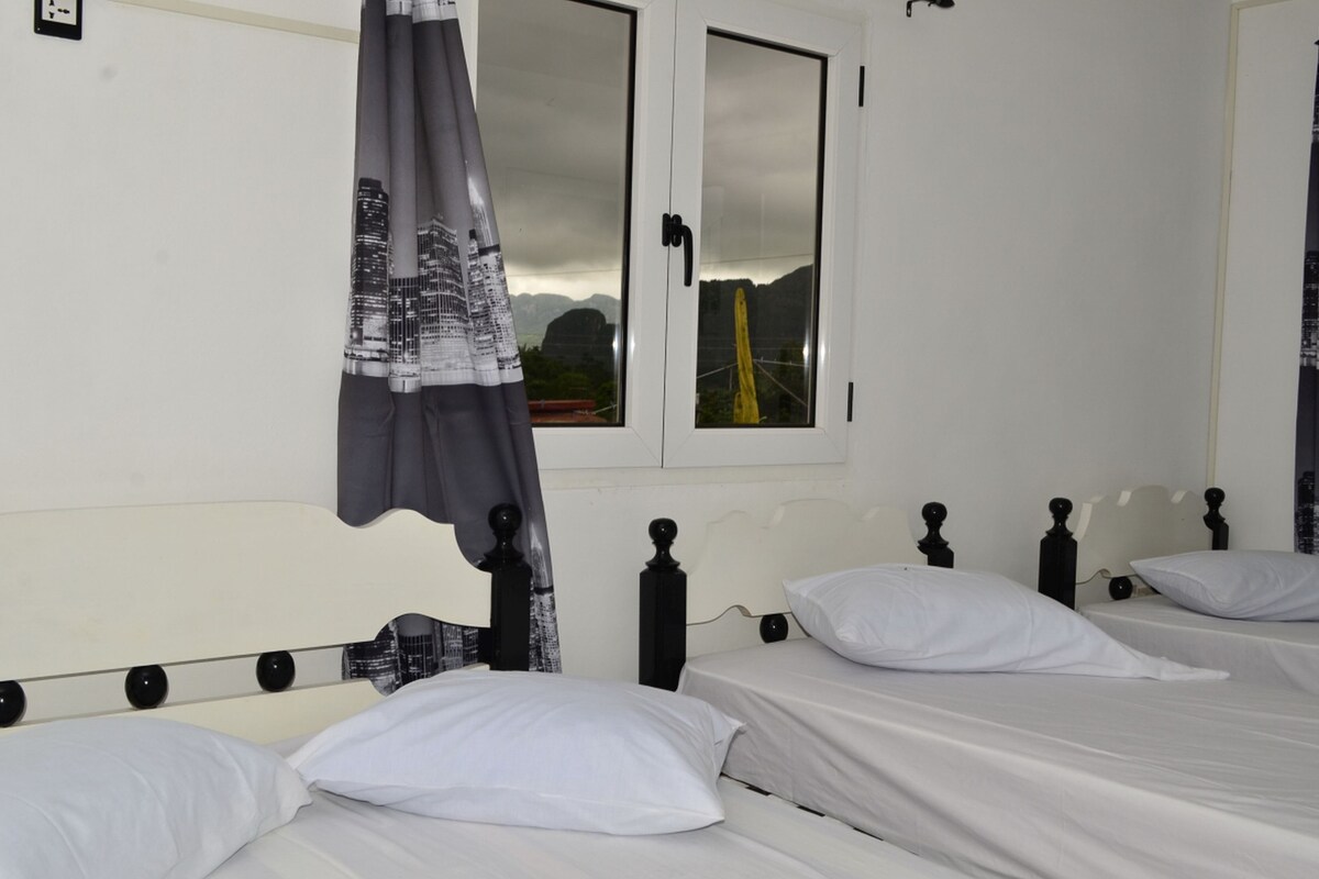 Ein Zimmer mit zwei Betten, weißer Bettwäsche, einem Fenster mit Bergblick und einem Vorhang mit Stadtansicht-Motiv.