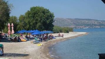 A beach with rows of umbrellas and sun loungers, a sandy shore, and a calm sea.