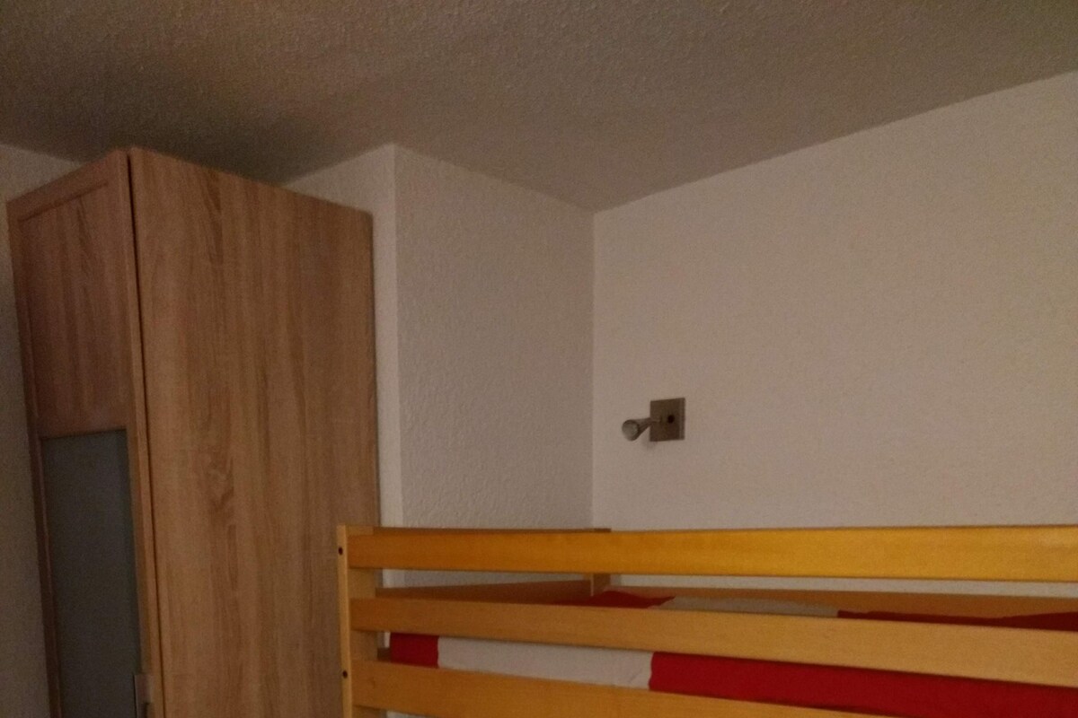 Una cama litera con estructura de madera y ropa de cama roja, un armario y una puerta.