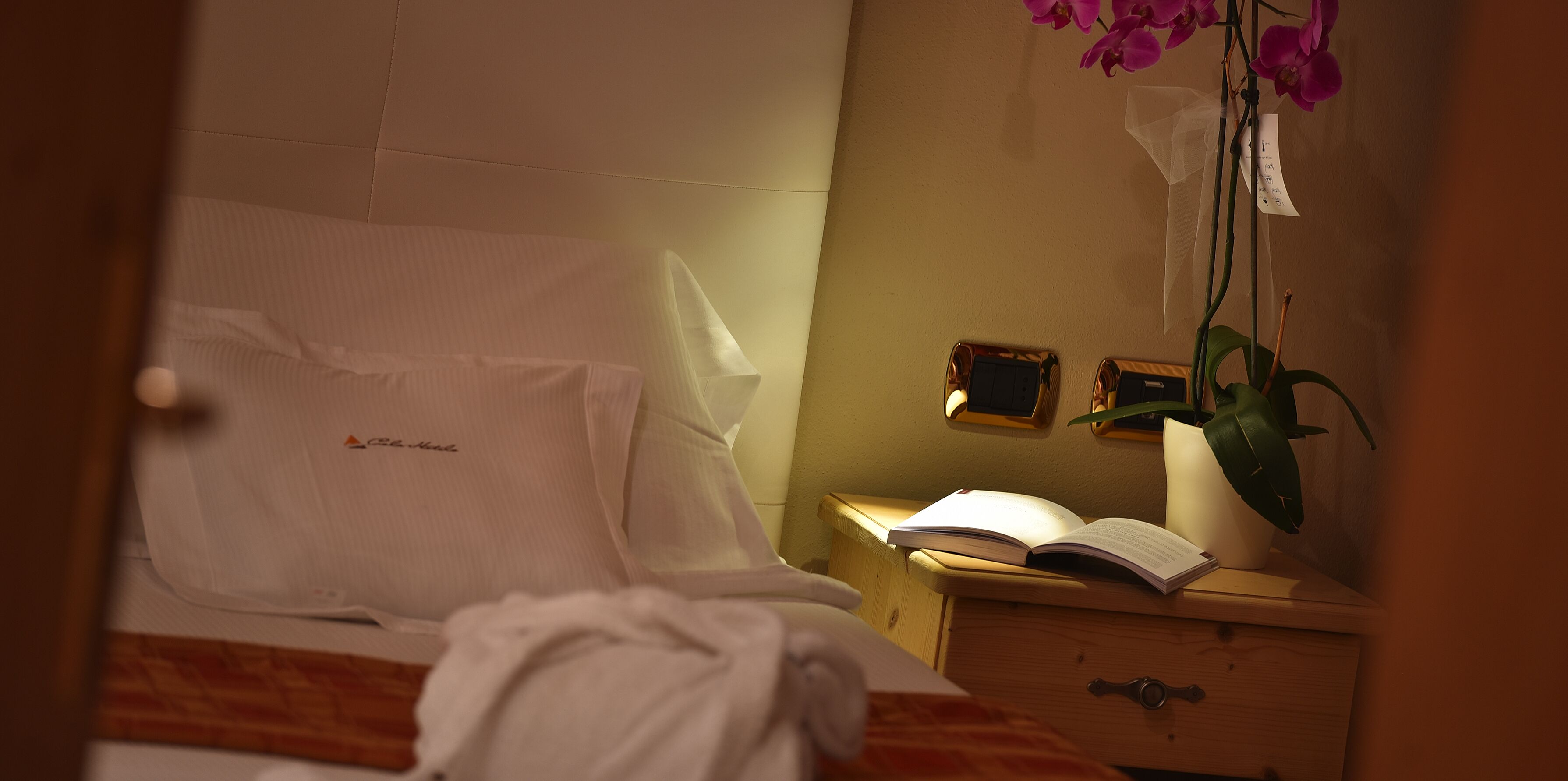 A hotel room with a bed, a bedside table with a book, a nightstand with a lamp, and a potted orchid plant.