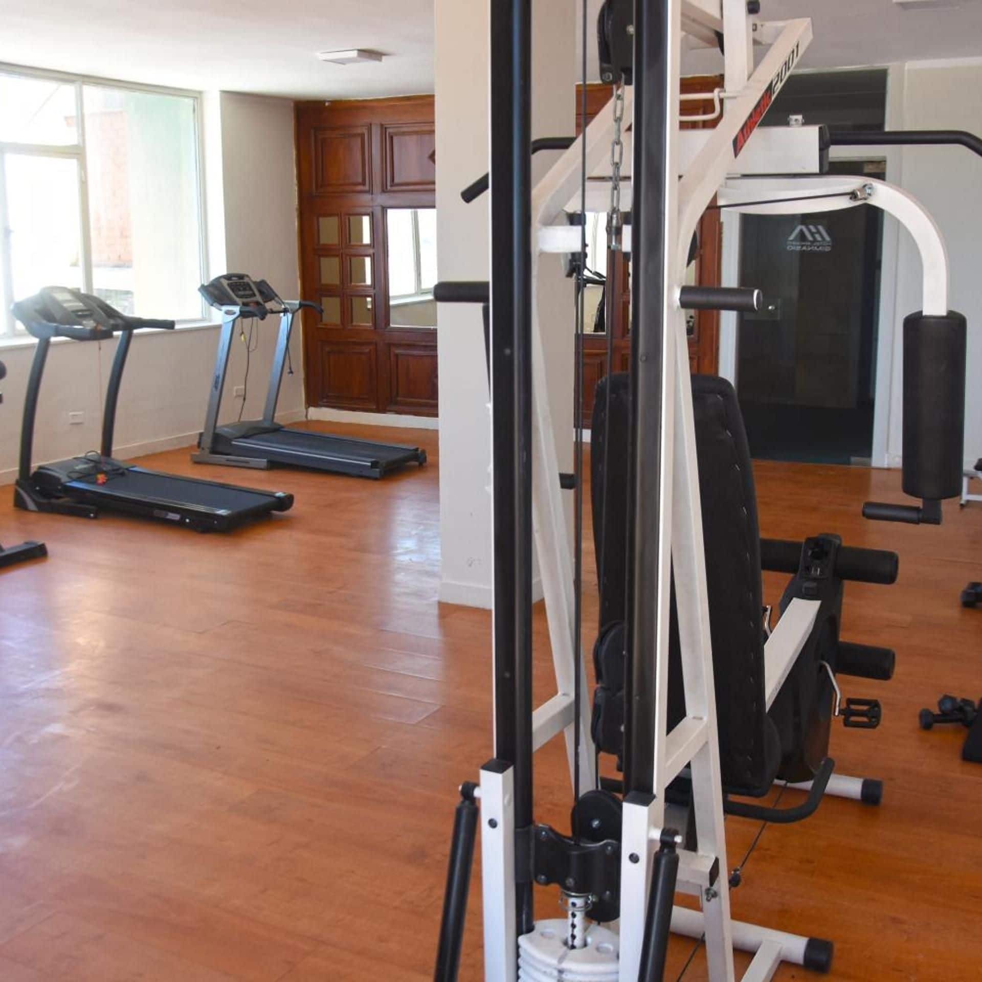 Une salle de sport équipée de tapis de course, d’appareils de musculation et d’un sac de frappe.