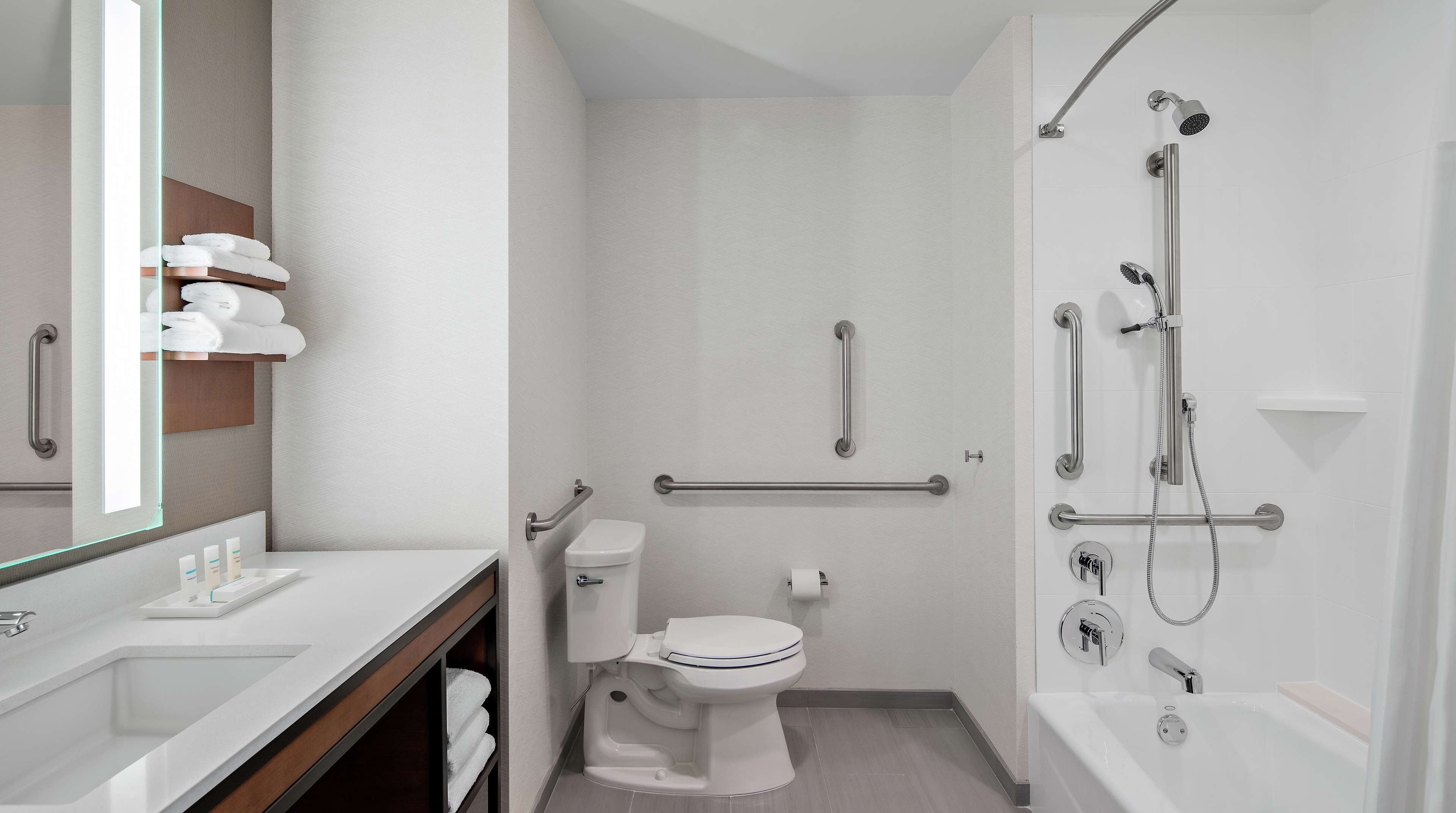 combined shower/bathtub, free toiletries, hair dryer, towels