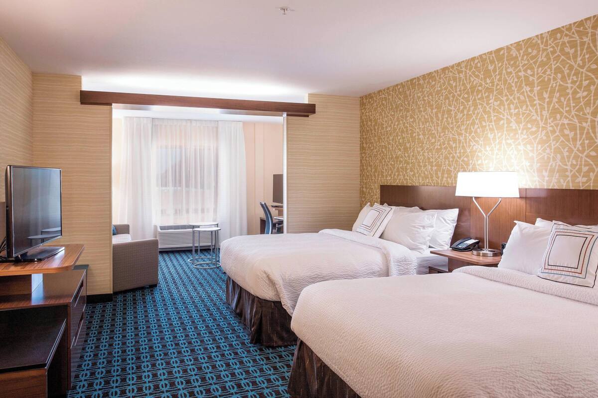 A hotel room with two beds, a desk with a TV, a chair, a lamp, and a patterned carpet.