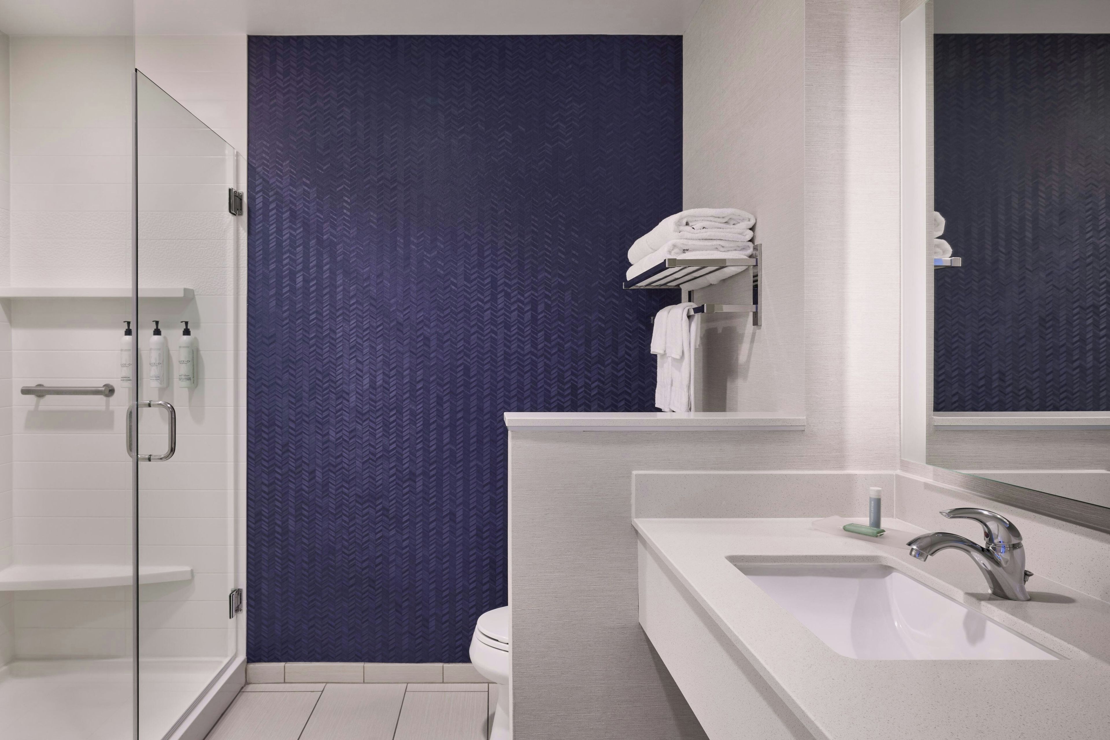 A modern bathroom with a walk-in shower, a toilet, and a sink with a mirror.