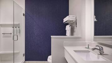 A modern bathroom with a walk-in shower, a toilet, and a sink with a mirror.