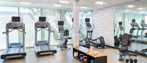 A gym with treadmills, elliptical machines, and free weights.