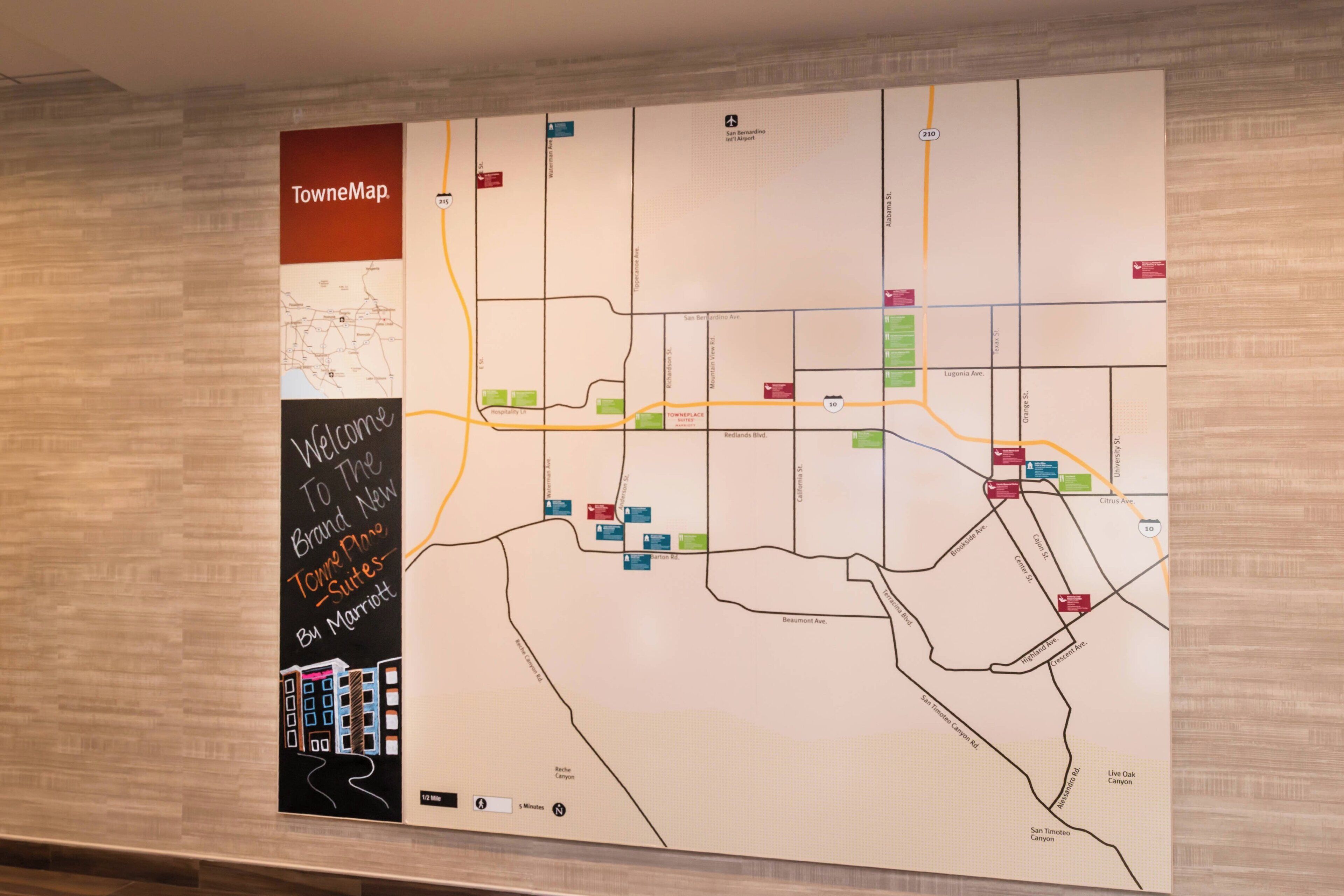 A map of TowneMap by Marriott with highlighted hotel locations and major roads.