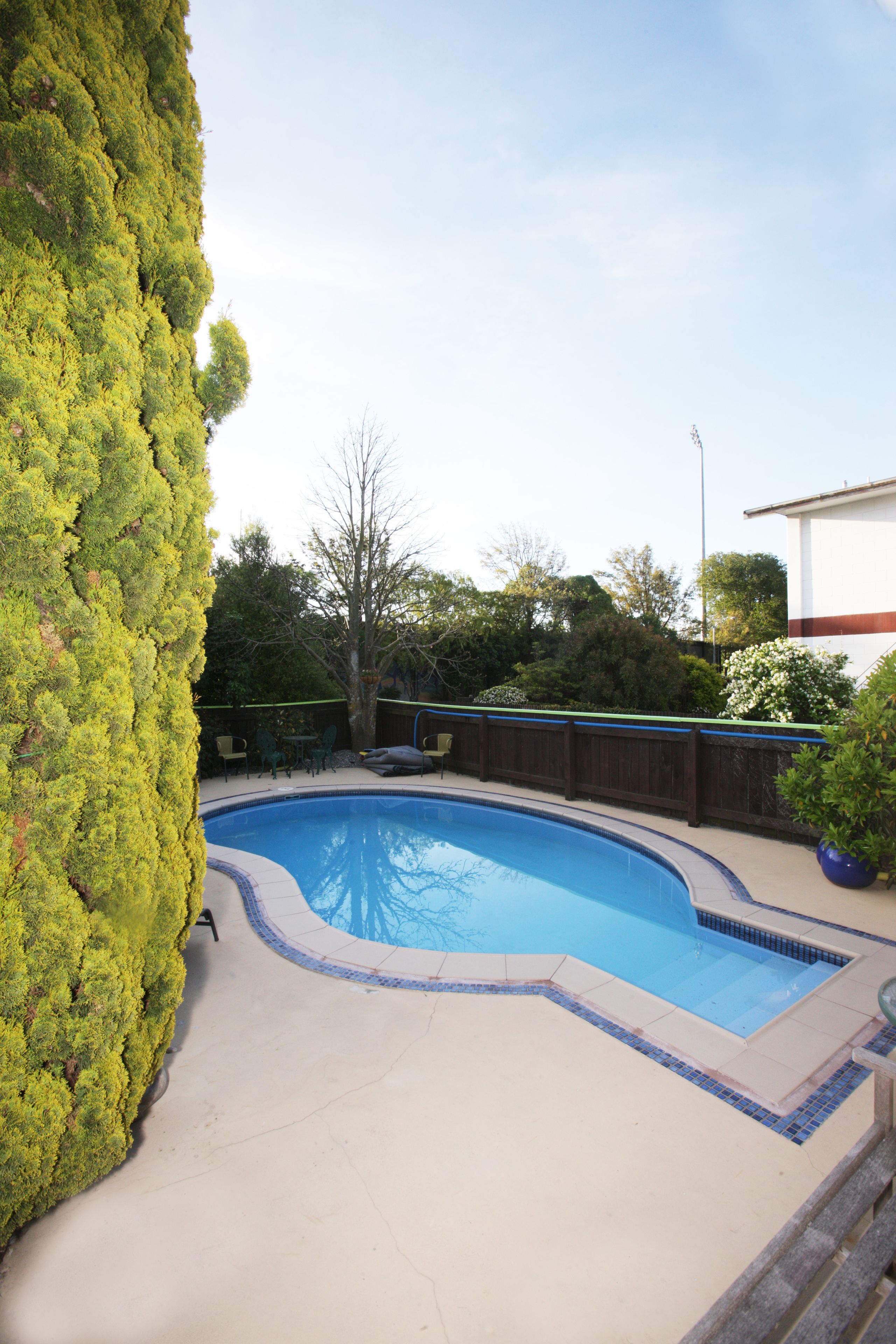 seasonal outdoor pool, pool loungers