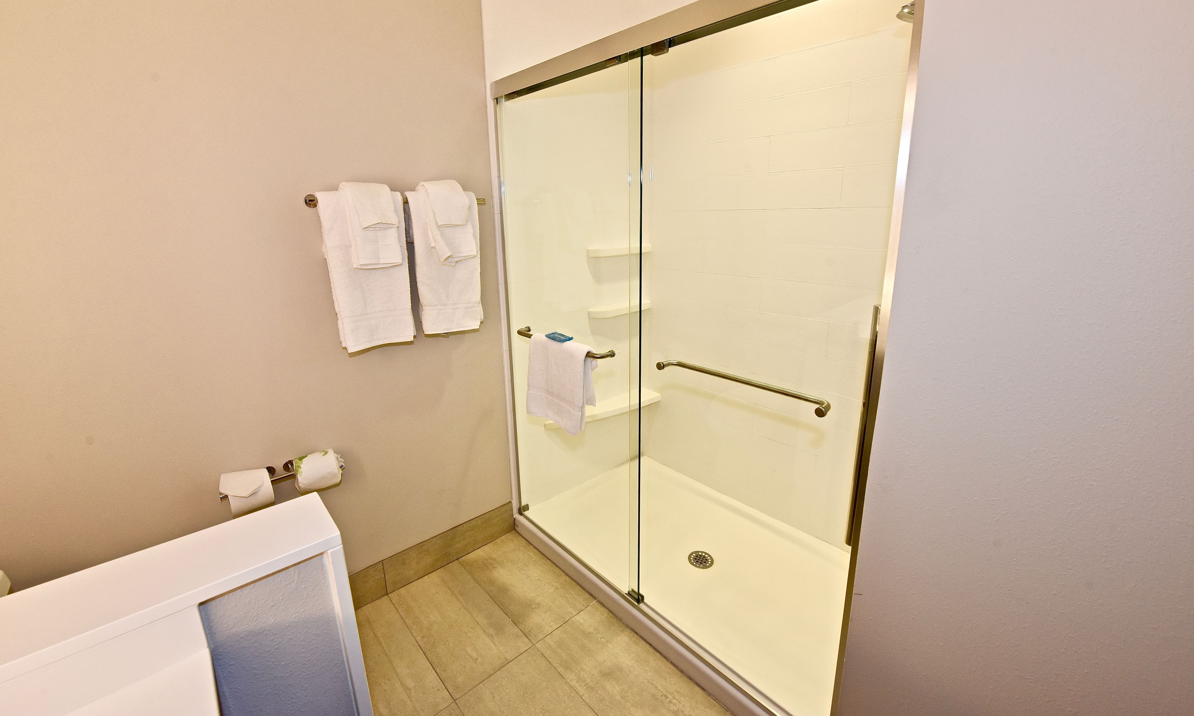 Et badeværelse med et glasvægshus til bruser, et toilet og en håndklædestang med to håndklæder.
