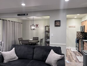 Smart TV, fireplace, foosball, books