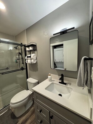 Bathtub, hair dryer, towels, toilet paper