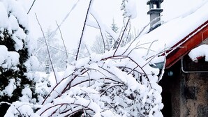 A snow-covered garden with a wooden fence, a stone bench, and a building with a red roof.