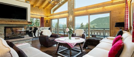 Télévision, cheminée, lecteur de DVD, chaßne hi-fi