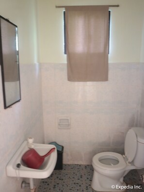 A small bathroom with a toilet, a sink, and a mirror. - Replica Manor (Siquijor)
