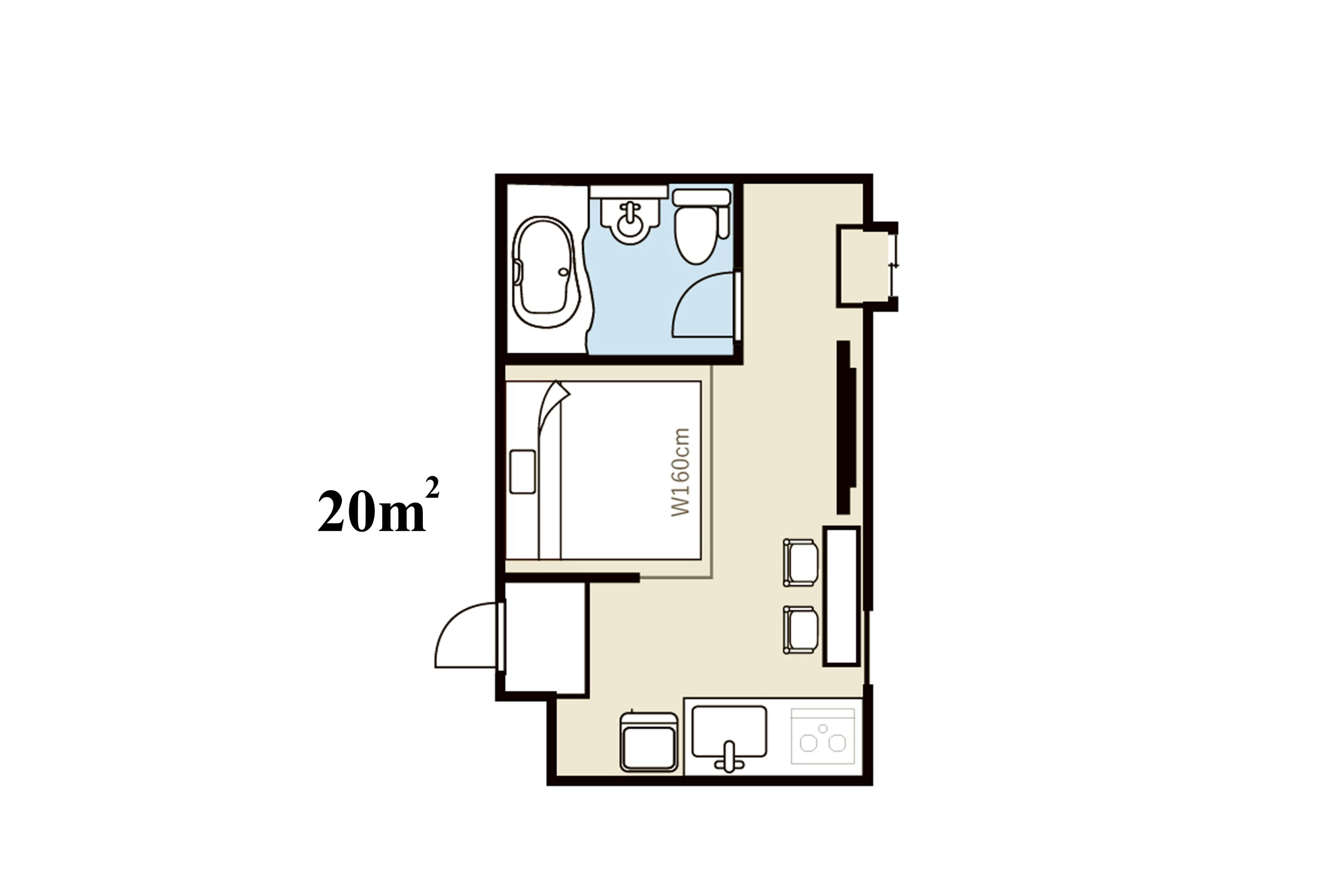 A 20m² room with a bathroom, a small kitchenette, and a bed.