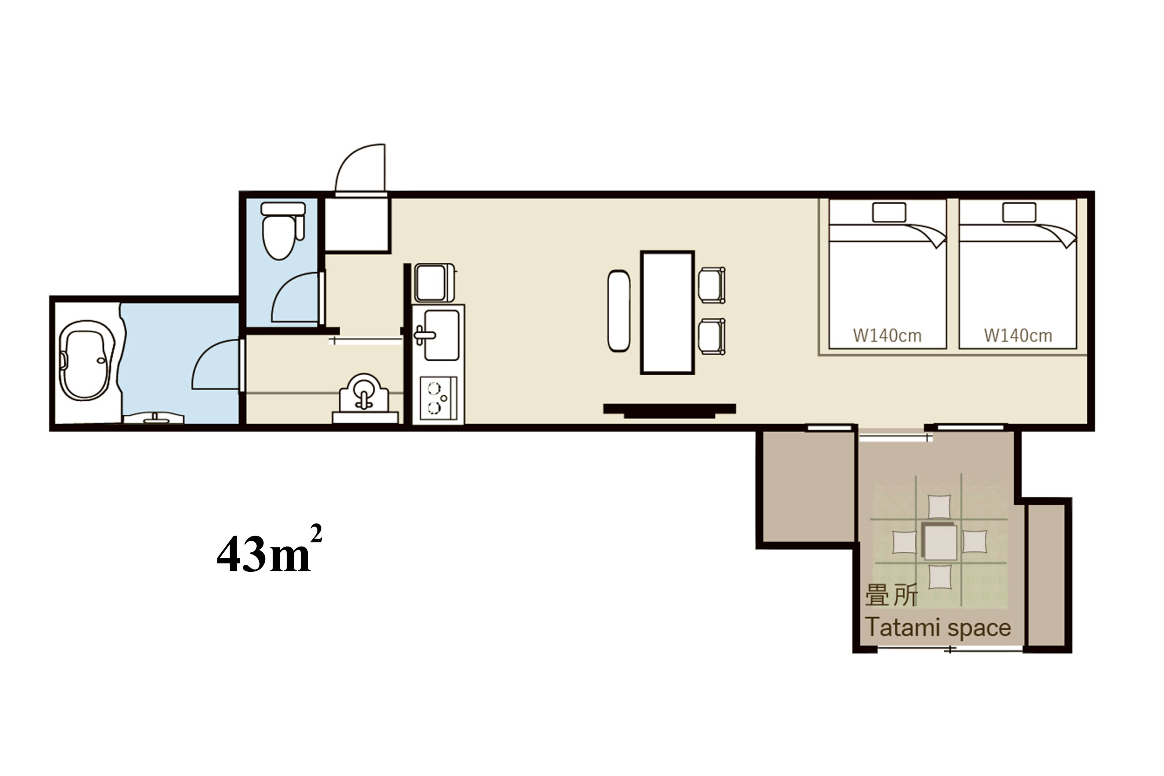 A floor plan of a 43m² apartment with a bathroom, kitchenette, living area, and a tatami space.