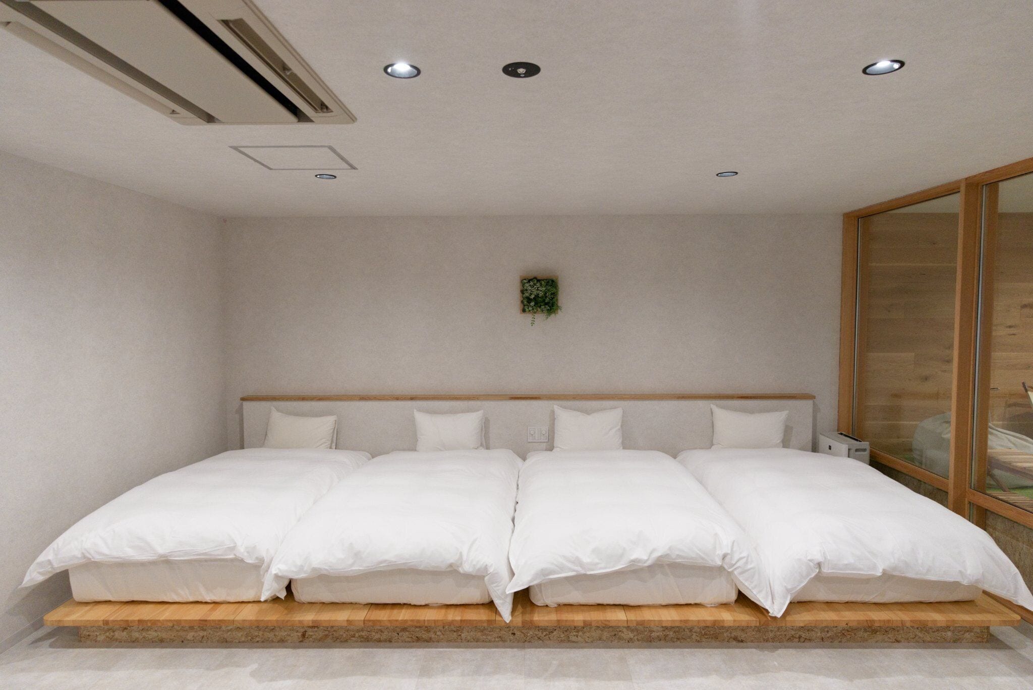 A modern bedroom with a large bed, recessed ceiling lights, a small plant on the wall, and a wooden floor.