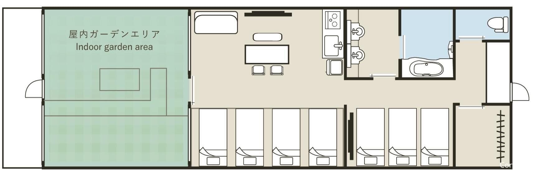 A hotel room layout with an indoor garden area, a bathroom, a living area, and a dining area.