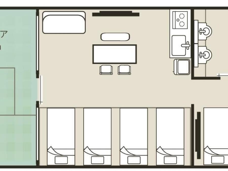 A hotel room layout with an indoor garden area, a bathroom, a living area, and a dining area.