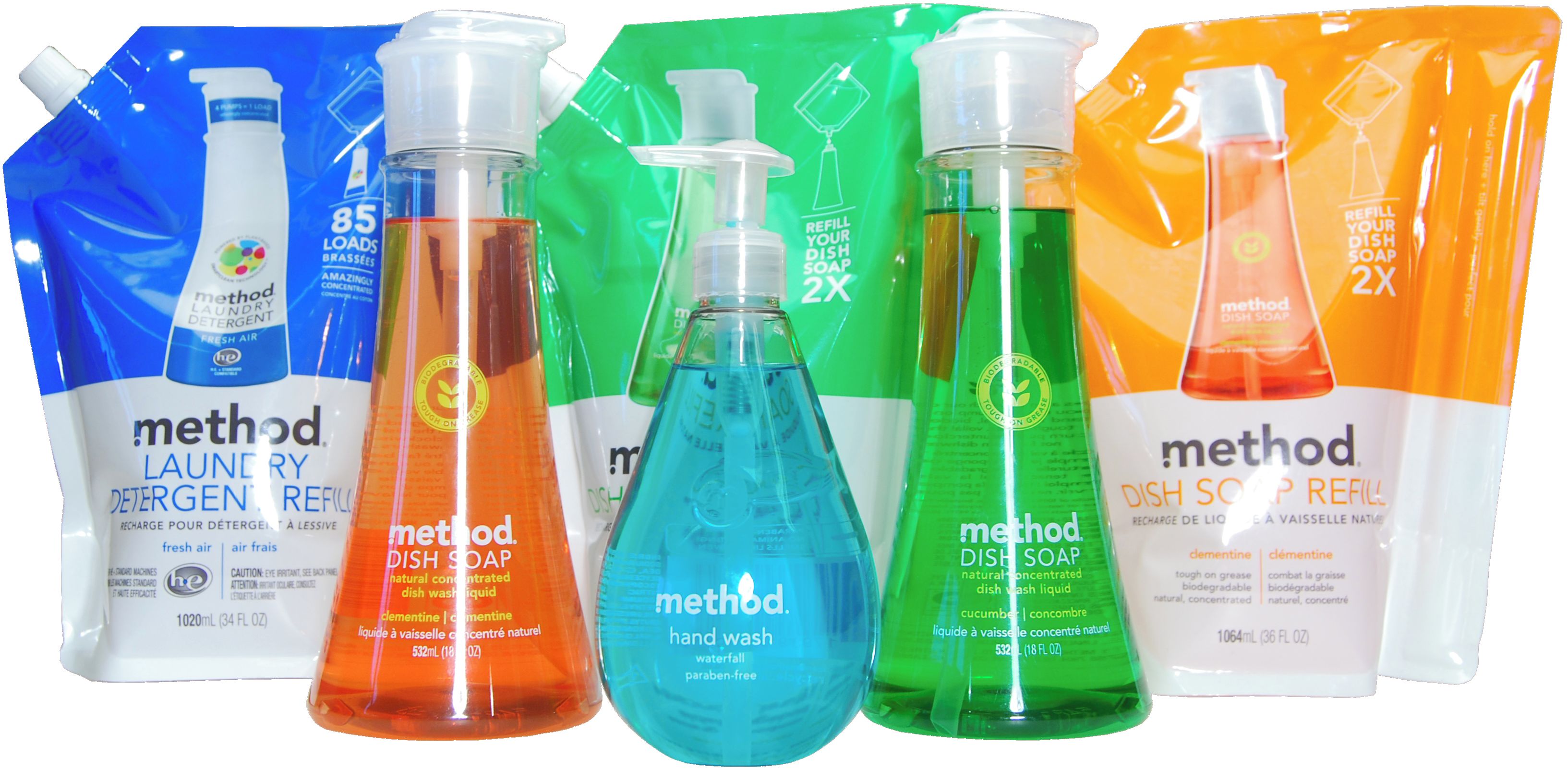 Variedad de botellas y empaques de detergente Method.