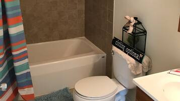 Combined shower/bathtub, hair dryer, soap, toilet paper