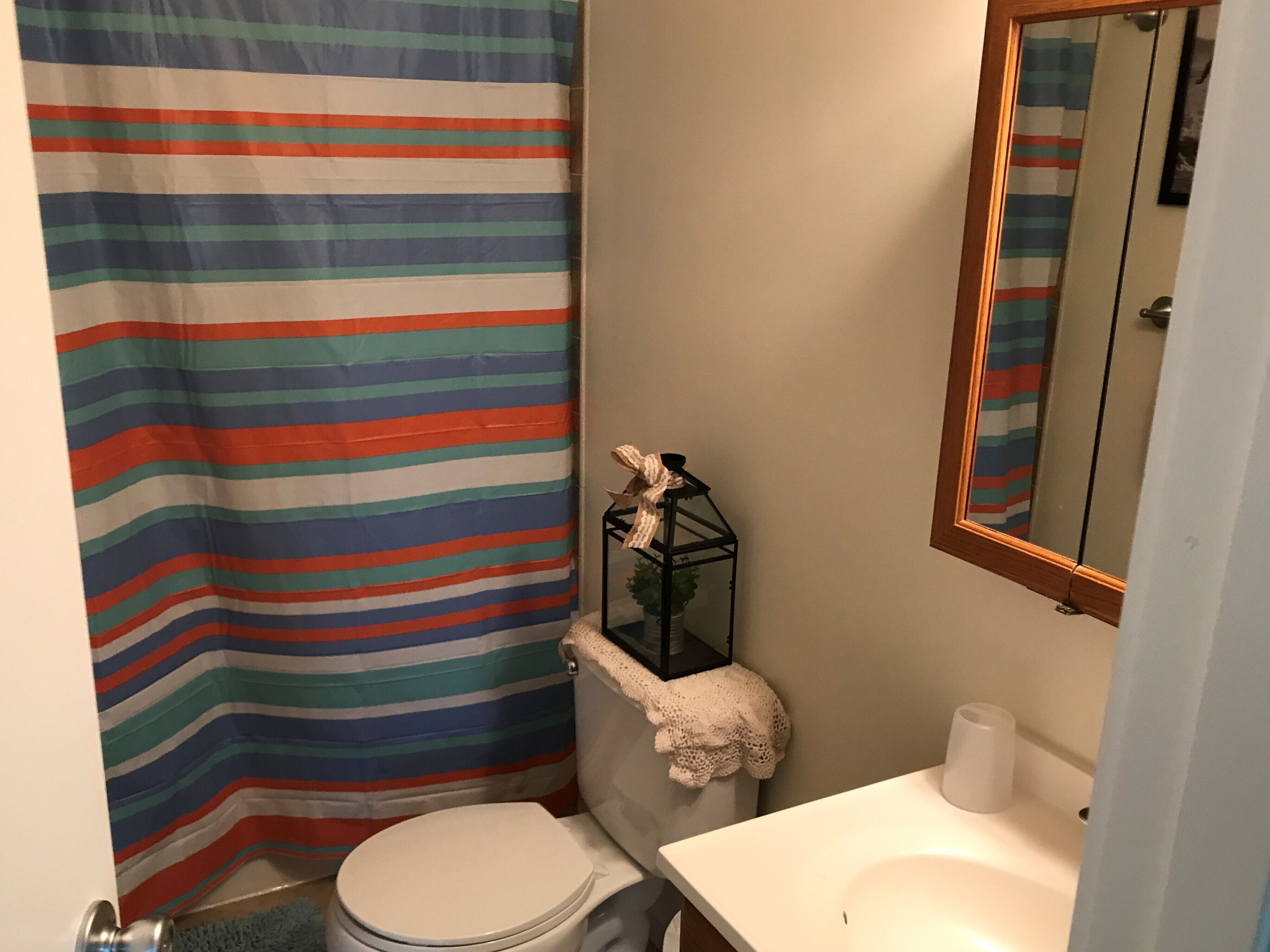 A bathroom with a striped shower curtain, a toilet, a sink with a mirror, and a small plant on a black stand.