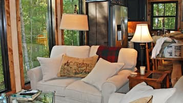 Smart-tv, eldstad, böcker och en stereo