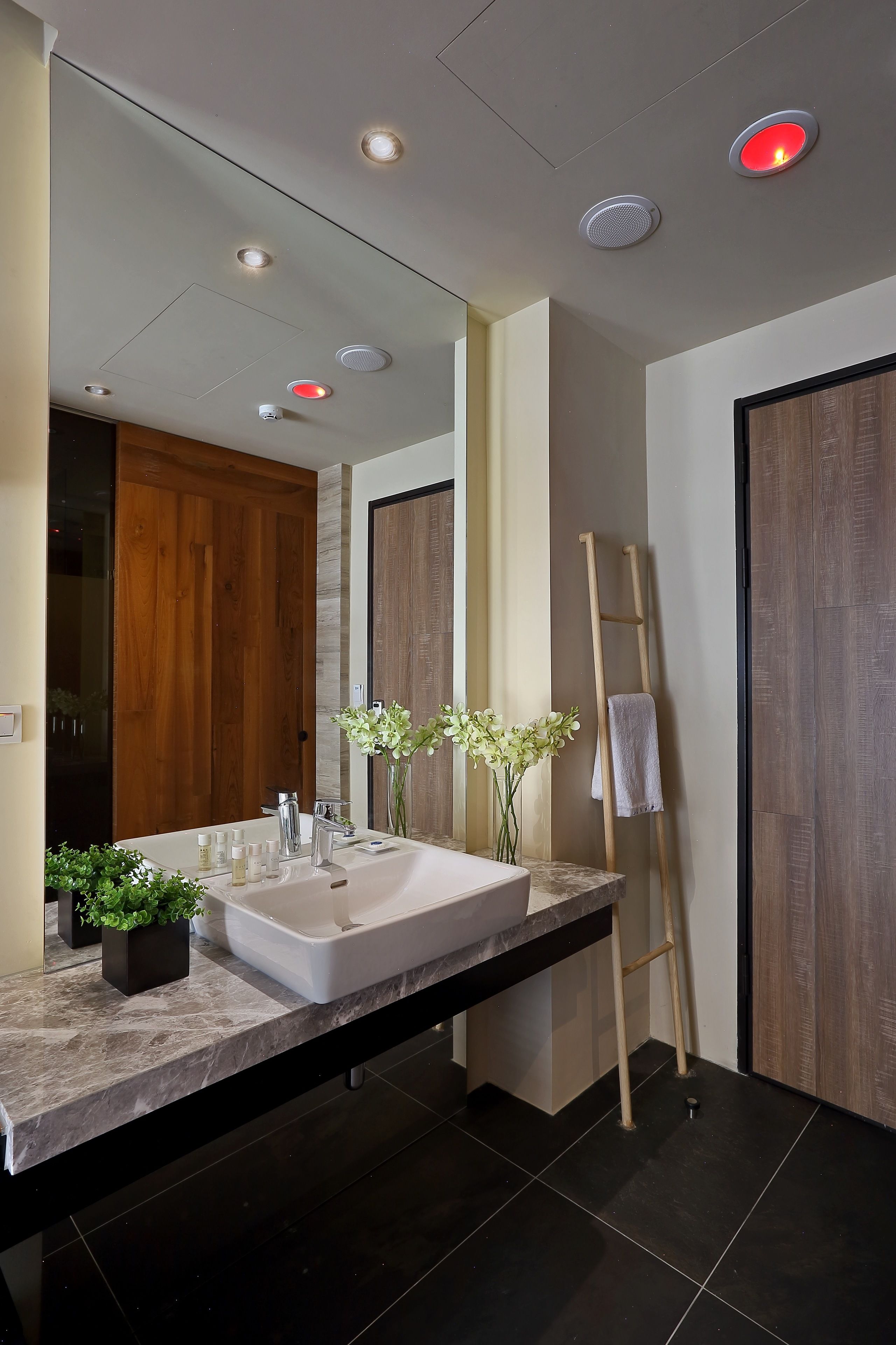 A modern bathroom with a large mirror, two sinks, a wooden ladder, and a towel rack.