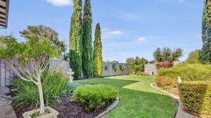 A well-maintained backyard with a lawn, a small tree, and various shrubs. - Queensland South (Aldinga Beach)